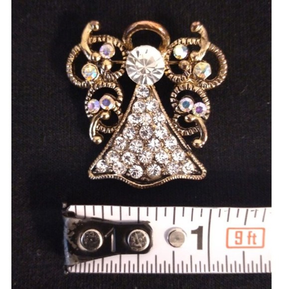 Vintage Gold Silver Toned Rhinestones Angel Guardian Pin Brooch - Picture 7 of 7